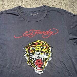Ed Hardy Men T-Shirt L Charcoal Tiger Logo Graphic Short Sleeve Crew Neck Tee